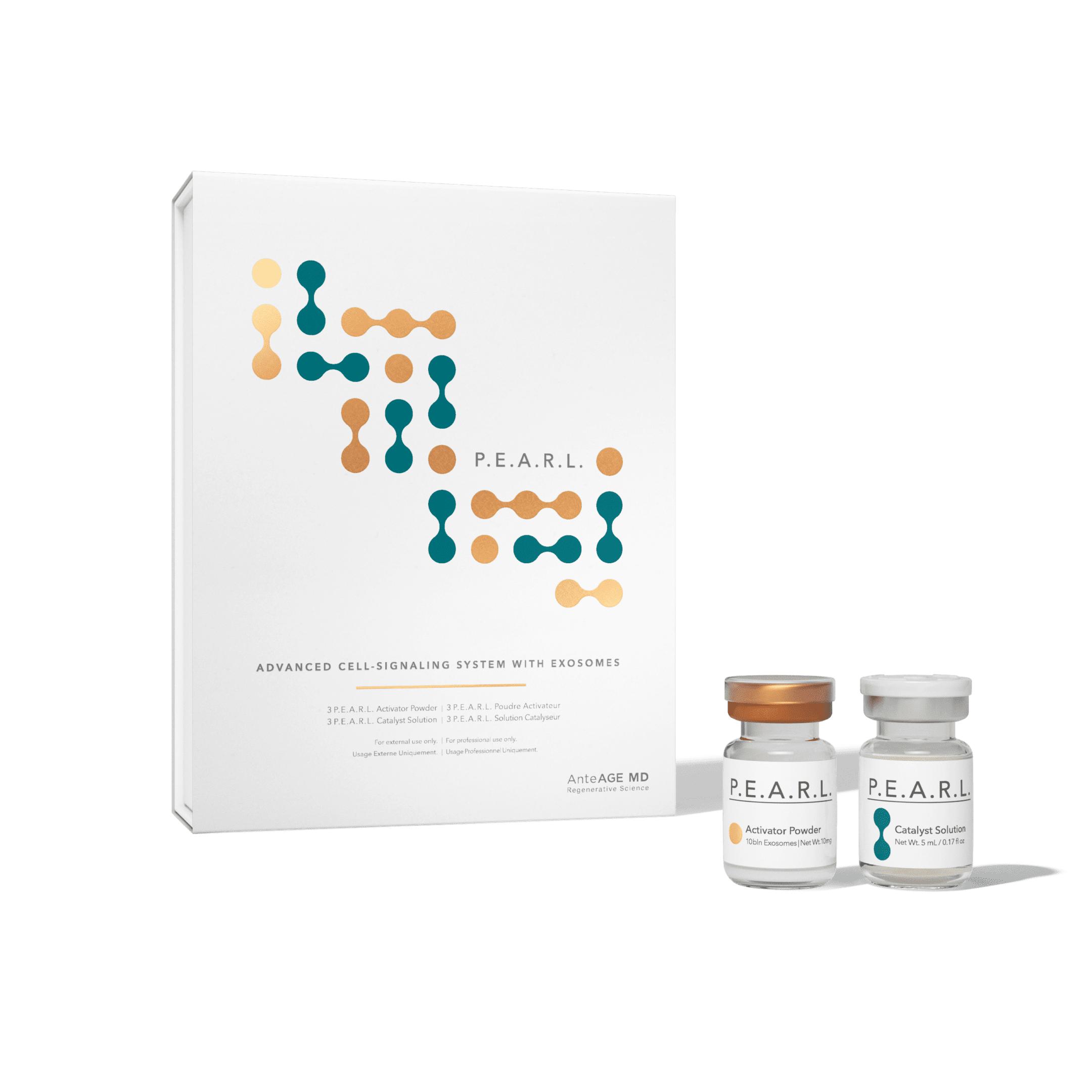 A skincare or cosmetic product set with a box and two small vials.