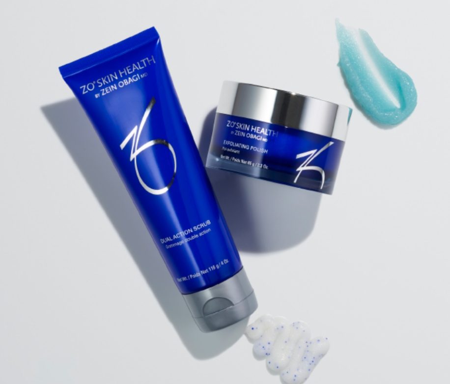 Two Za skincare products with blue packaging and gel textures beside them.