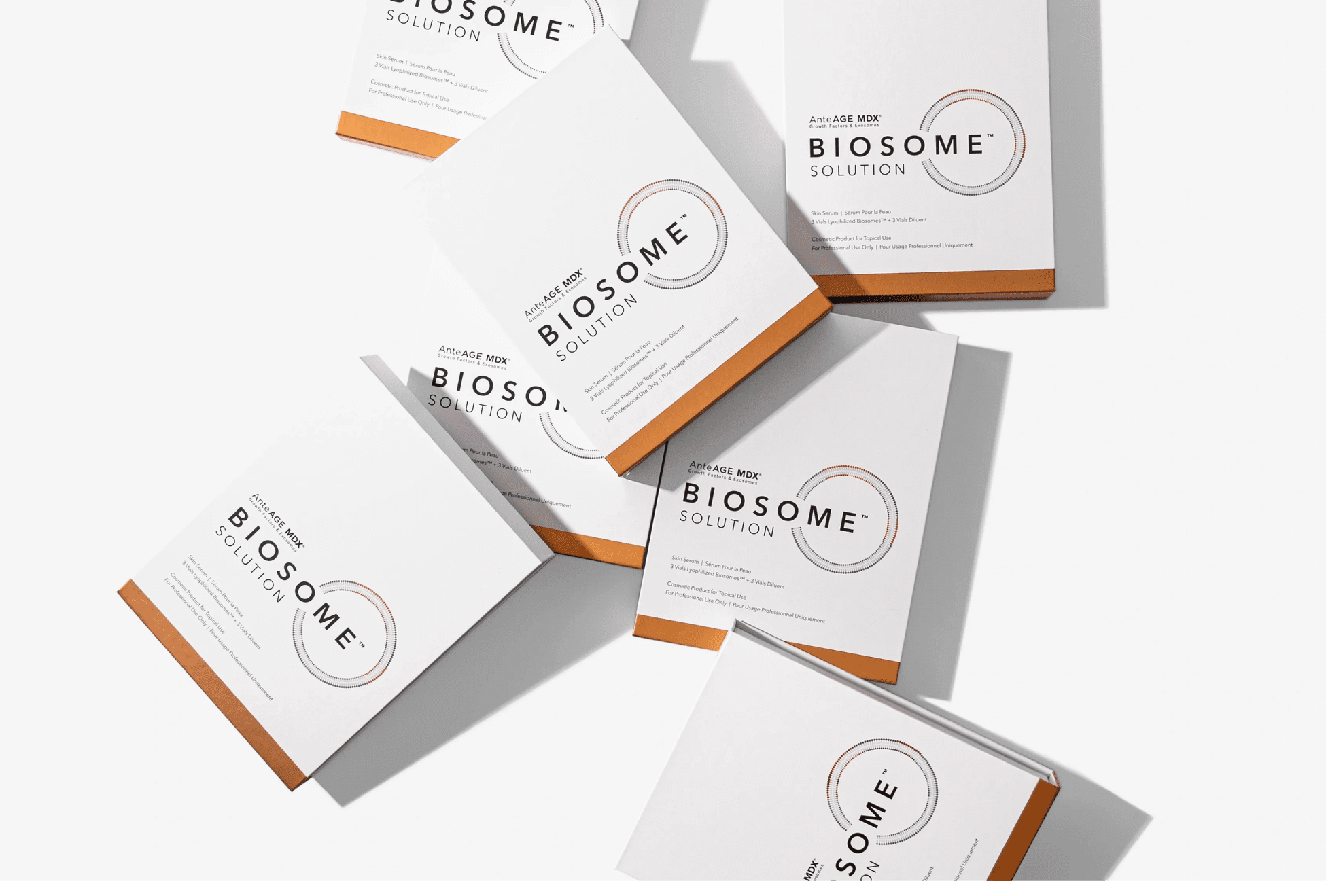 Biosome skincare product boxes arranged on a white surface.