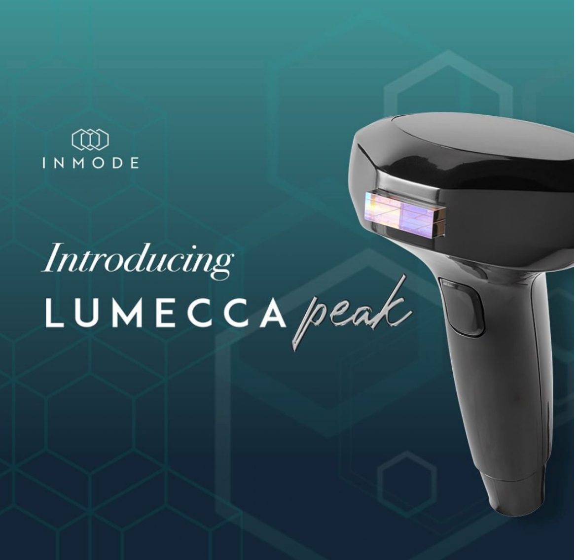 Handheld device called LUMECCA Peak by Lumenis for skin treatment.